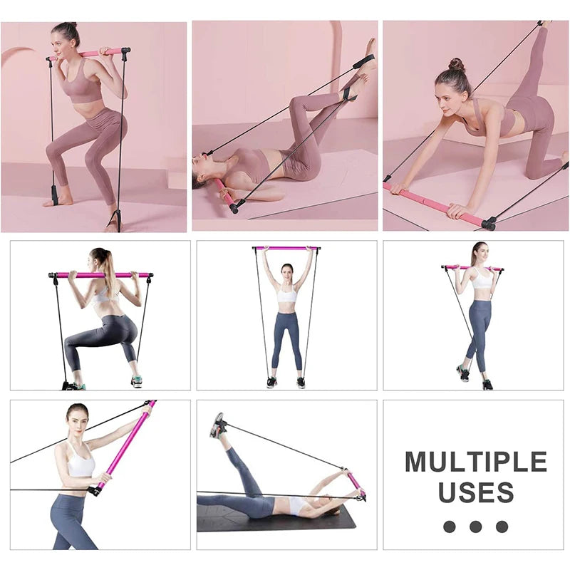 Multifunctional Pilates Bar Combination Fitness Bar Yoga Chest Expansion Tension Rope Back Trainer Elastic Rope Stretching Belt